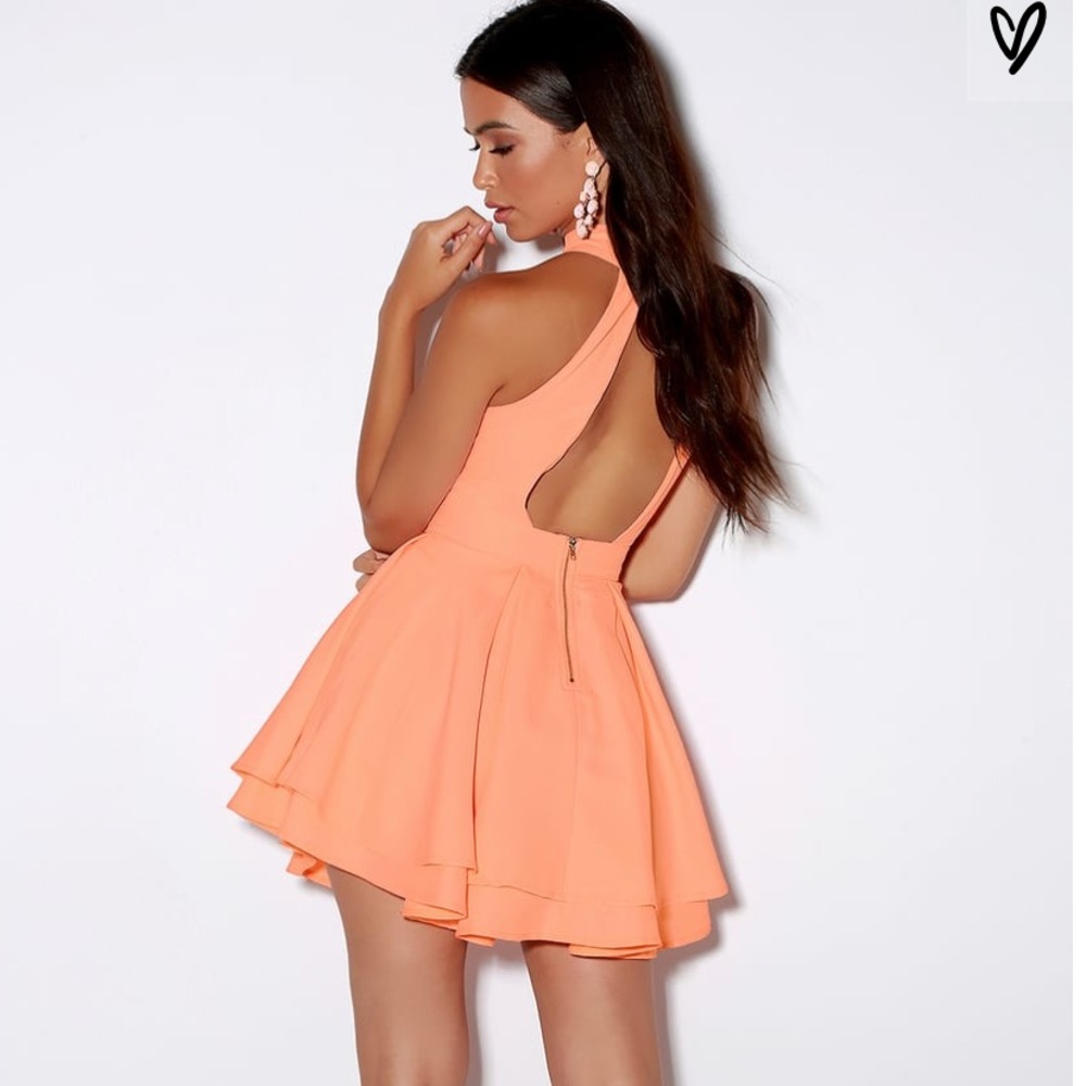 Lulu's Peach Halter Backless Skater Dress